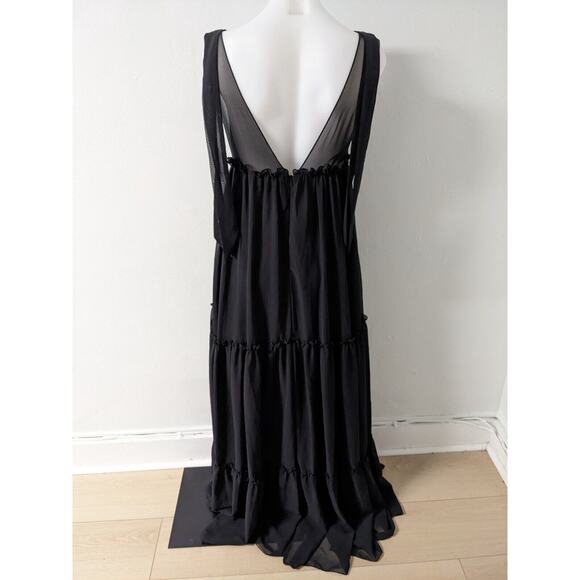 Leena for Mac Duggal Size 0 Ruffle Maxi Shift Tiered Dress Black V Neck Sheer - Picture 13 of 15